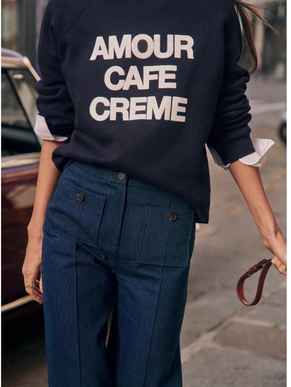 Sezane Amour Cafe Crème Love Coffee Cream Navy Sweatshirt NWT Size Large